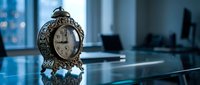 Vintage brass alarm clock on glass desk in modern office, blurred city window background, time management and deadline concept.