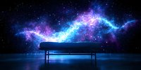 Mystical piano silhouette against vibrant cosmic nebula background with glowing stars and swirling galaxy patterns in blue and purple hues creating surreal atmosphere.