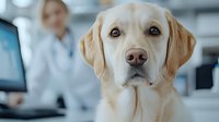 Yellow Labrador retriever at veterinary clinic with medical professional in background, close up portrait showing caring and attentive expression.