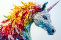 Majestic unicorn with rainbow-colored mane rendered in vibrant watercolor style against light background, featuring geometric mosaic-like patterns and crystalline textures.