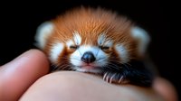 Sleeping red panda cub close-up showing peaceful expression with closed eyes and distinctive facial markings against dark background, held gently in hands.