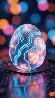 Futuristic glowing egg with neon circuit patterns on dark surface, surrounded by colorful bokeh lights. Use for tech, innovation, and digital transformation concepts.