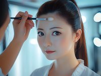 Young East Asian woman applying eyeshadow with brush in bright vanity mirror setting. Professional makeup artist or beauty enthusiast demonstrating cosmetic application technique for tutorials, skincare blogs, and cosmetics advertising.