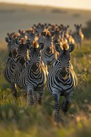 Herd of zebras walking through savanna grassland at golden hour sunset, with warm sunlight illuminating their striped coats and natural habitat for wildlife and nature content.