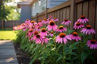 Purple coneflowers bloom along garden pathway with soft bokeh background, creating natural border landscaping in summer backyard garden setting.