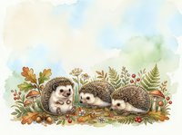Three young hedgehogs surrounded by autumn foliage, mushrooms, and wildflowers in watercolor style. Isolated on white background, ready for children's book illustrations, nursery decor, greeting cards, and fabric design projects.