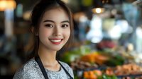 Young Asian woman smiling warmly in bustling market with fresh produce display. Professional portrait for business, retail, food industry marketing materials.