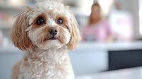 Small fluffy cream-colored dog with curly coat sitting indoors looking at camera with soft natural lighting and blurred background for pet care concepts.