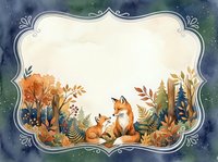 Watercolor fox family frame with autumn forest, ornate border, and blank center space for text or greeting card design.