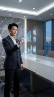 Asian businessman in suit presenting holographic data charts and graphs in modern office conference room for business analytics and financial reporting.