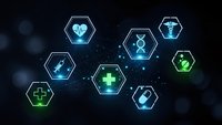 Medical healthcare technology concept with glowing hexagonal icons featuring cross, DNA, stethoscope and pharmaceutical symbols on dark background.