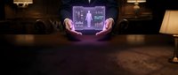Businessman hands presenting holographic medical interface with human body scan and health data analytics in modern office environment.