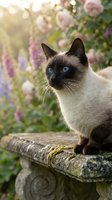 Siamese cat with striking blue eyes perched on a moss-covered garden ornament, surrounded by blooming pink flowers and lush green foliage in soft natural light.