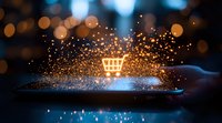 Glowing shopping cart icon on smartphone screen with magical sparkles and bokeh lights against dark background, concept of digital commerce and online retail.
