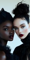Two fashion models with contrasting skin tones wearing black outfits and bold red lipstick pose intimately against white background, showcasing beauty and diversity in makeup.