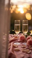 Two champagne flutes filled with sparkling wine on pink silk fabric with rose petals and warm golden bokeh lights creating romantic atmosphere for celebrations.