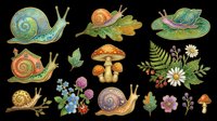 Colorful decorative snails with mushrooms, flowers, and leaves clipart set, isolated on transparent background. Great for stickers, t-shirt design, print on demand, sublimation.