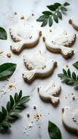 White dove-shaped cookies with royal icing decoration surrounded by green leaves on marble surface for peace celebration baking and religious holidays.