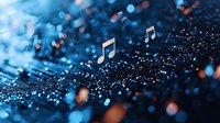 Musical notes floating over glowing digital particles with blue bokeh effect background creating magical atmosphere for music and technology concepts.