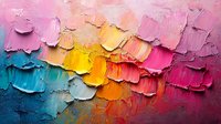 Vibrant abstract oil painting with thick impasto brushstrokes in rainbow colors from blue to pink creating textured artistic background.