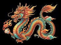 Colorful Asian dragon with flowing mane, ornate scales, and mystical flames isolated on transparent background. Ready for t-shirt design, clipart, stickers, sublimation, and print-on-demand projects.
