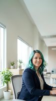 Young Caucasian businesswoman with teal hair smiling at desk in modern bright office, creative professional in navy blazer exuding confidence.