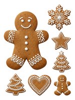 Gingerbread cookies with white icing details including smiling man figure, snowflake, star, trees and heart shapes isolated on white background for holiday baking designs.