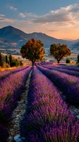 Vibrant purple lavender field with two trees at sunset, mountain landscape in background creating serene countryside atmosphere.