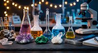 Laboratory glassware with colorful chemical solutions and crystals on wooden table with microscope and warm bokeh lights creating scientific atmosphere.