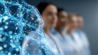 Glowing blue digital network visualization with business professionals in background, representing technological advancement and connectivity in workplace.