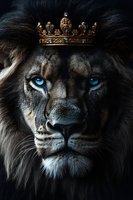 Majestic lion with piercing blue eyes wearing golden crown against dark background, dramatic lighting highlights regal features and luxuriant mane.