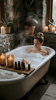 Young Caucasian woman relaxing in vintage clawfoot bathtub with candles and essential oils in rustic spa bathroom setting for wellness and self-care.