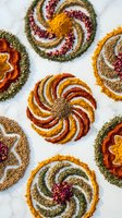 Colorful spice mandala patterns with turmeric, paprika, herbs and seeds arranged in decorative circular swirl designs on white marble background for culinary art.