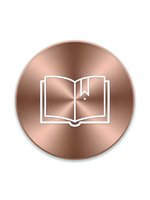 Rose gold metallic button with open book icon and bookmark ribbon for educational apps, e-learning platforms and digital library interfaces.