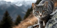 Tabby cat with striking blue eyes sitting on rocky mountain ledge with snow-capped peaks and evergreen forest in blurred background during golden hour light.