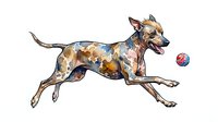 Energetic dog leaping and playing with a colorful ball, isolated on white background. Watercolor style artwork suitable for pet-related designs, greeting cards, and children's illustrations.