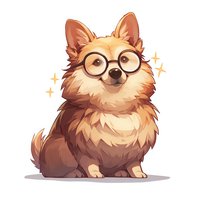 Adorable Pomeranian puppy wearing round glasses with sparkling stars effect, smiling expression on white background. Cartoon style illustration for children design.