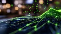 Abstract digital landscape with glowing green network connections and data points on dark background with bokeh lights, representing big data and artificial intelligence.