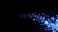 Digital communication icons floating on dark background with glowing blue and purple light effects for social media and technology designs.