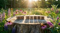 Wooden letter blocks spelling GO GREEN on tree stump in blooming wildflower garden with warm sunlight filtering through trees in background.