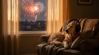 Golden hour light streams through sheer curtains onto a relaxed dog lounging on a couch, watching fireworks burst over the city skyline through the window behind.