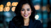 Young Asian businesswoman with confident smile against blurred city lights background, wearing professional dark blazer, natural makeup and long dark hair.