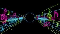 Colorful neon musical notes and treble clefs flowing in dynamic waves around central black circle on dark background for music production and entertainment.