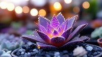 Glowing purple lotus flower with water drops against blurred bokeh lights background, creating magical garden atmosphere at dusk. Zen and meditation concept.