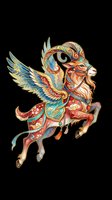 Ornate winged goat with golden horns and colorful floral armor, isolated on transparent background. Great for stickers, t-shirt design, print on demand, and sublimation.