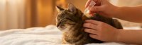 Tabby cat receiving gentle petting from human hand on soft bed in warm sunlight. Relaxed feline enjoying affectionate touch and bonding moment indoors.