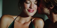Young attractive couple sharing intimate romantic moment together with woman smiling peacefully while man kisses her neck in warm atmospheric lighting.