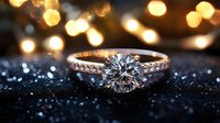 Elegant diamond solitaire engagement ring with sparkling stone on dark glittery surface, warm bokeh lights background. Perfect for jewelry, wedding, luxury retail, and engagement announcements.