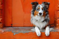 Australian shepherd dog with blue eyes lying near bright orange door, looking at camera with attentive expression. White and brown fur contrasts with vibrant background.