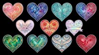 Colorful decorative hearts collection with floral and ornamental patterns, isolated on transparent background. Great for stickers, t-shirt design, print on demand, and sublimation.